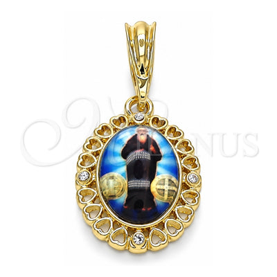 Oro Laminado Religious Pendant, Gold Filled Style San Benito and Heart Design, with White Crystal, Polished, Golden Finish, 05.380.0142