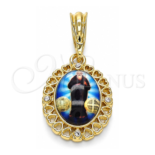 Oro Laminado Religious Pendant, Gold Filled Style San Benito and Heart Design, with White Crystal, Polished, Golden Finish, 05.380.0142