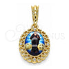 Oro Laminado Religious Pendant, Gold Filled Style San Benito and Heart Design, with White Crystal, Polished, Golden Finish, 05.380.0142