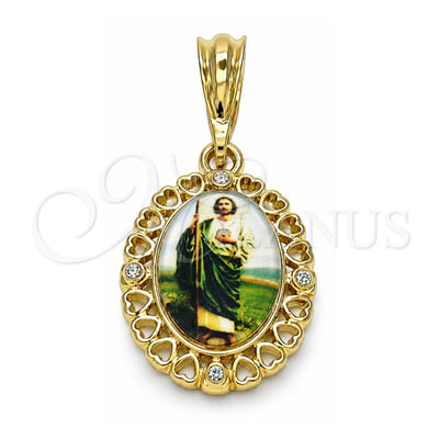 Oro Laminado Religious Pendant, Gold Filled Style San Judas and Heart Design, with White Crystal, Polished, Golden Finish, 05.380.0145