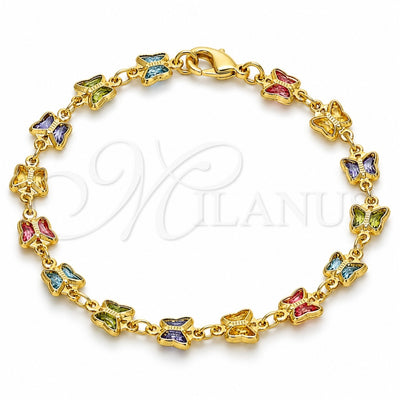Oro Laminado Fancy Bracelet, Gold Filled Style Butterfly Design, with Multicolor Crystal, Polished, Golden Finish, 03.386.0012.08 (07 MM Thickness, 8 Inches Length)