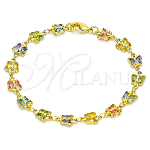 Oro Laminado Fancy Bracelet, Gold Filled Style Butterfly Design, with Multicolor Crystal, Polished, Golden Finish, 03.386.0012.08 (07 MM Thickness, 8 Inches Length)