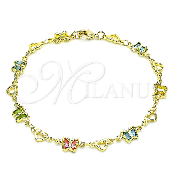 Gold Filled Bracelet — Fancy Bracelet Butterfly and Heart Design with Multicolor — main product view — SKU 144297 | Oro Laminado brazalete — elegante Bracelet Butterfly and corazón diseño with Multicolor — SKU 144297