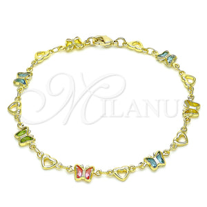 Gold Filled Bracelet — Fancy Bracelet Butterfly and Heart Design with Multicolor — main product view — SKU 144297 | Oro Laminado brazalete — elegante Bracelet Butterfly and corazón diseño with Multicolor — SKU 144297