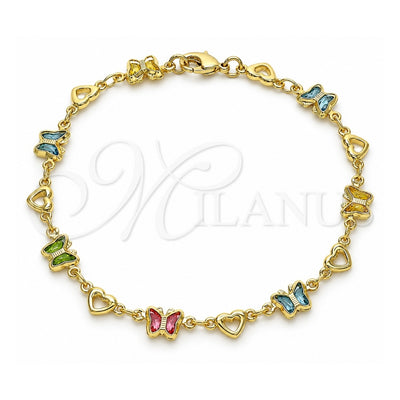 Oro Laminado Fancy Bracelet, Gold Filled Style Butterfly and Heart Design, with Multicolor Crystal, Polished, Golden Finish, 03.386.0013.08 (06 MM Thickness, 8 Inches Length)