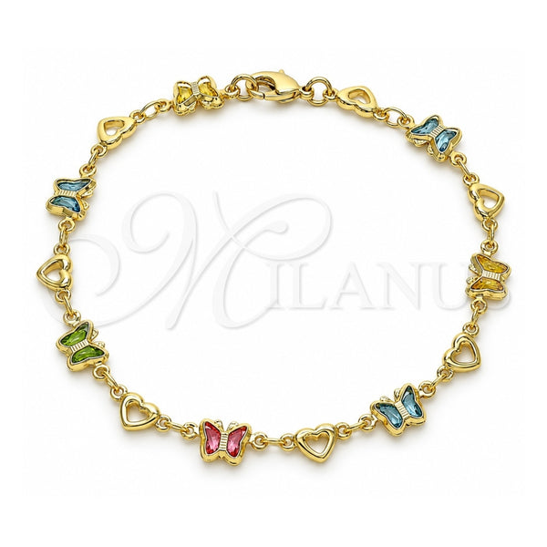 Oro Laminado Fancy Bracelet, Gold Filled Style Butterfly and Heart Design, with Multicolor Crystal, Polished, Golden Finish, 03.386.0013.08 (06 MM Thickness, 8 Inches Length)