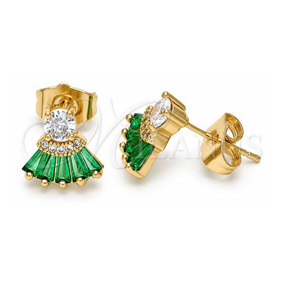 Oro Laminado Stud Earring, Gold Filled Style Baguette Design, with Green and White Cubic Zirconia, Polished, Golden Finish, 02.310.0022