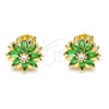 Oro Laminado Stud Earring, Gold Filled Style Flower Design, with Green and White Cubic Zirconia, Polished, Golden Finish, 02.310.0023