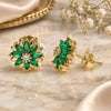Oro Laminado Stud Earring, Gold Filled Style Flower Design, with Green and White Cubic Zirconia, Polished, Golden Finish, 02.310.0023