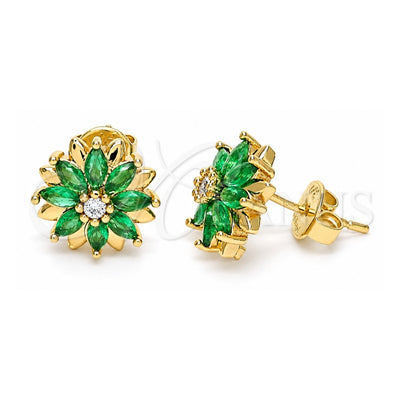 Oro Laminado Stud Earring, Gold Filled Style Flower Design, with Green and White Cubic Zirconia, Polished, Golden Finish, 02.310.0023