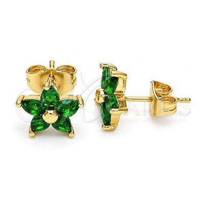 Oro Laminado Stud Earring, Gold Filled Style Flower Design, with Green Cubic Zirconia, Polished, Golden Finish, 02.310.0024