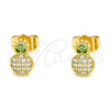 Oro Laminado Stud Earring, Gold Filled Style Pineapple Design, with White and Green Micro Pave, Polished, Golden Finish, 02.310.0030