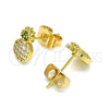 Oro Laminado Stud Earring, Gold Filled Style Pineapple Design, with White and Green Micro Pave, Polished, Golden Finish, 02.310.0030