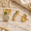 Oro Laminado Stud Earring, Gold Filled Style Pineapple Design, with White and Green Micro Pave, Polished, Golden Finish, 02.310.0030