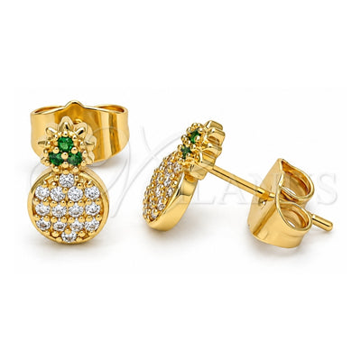 Oro Laminado Stud Earring, Gold Filled Style Pineapple Design, with White and Green Micro Pave, Polished, Golden Finish, 02.310.0030
