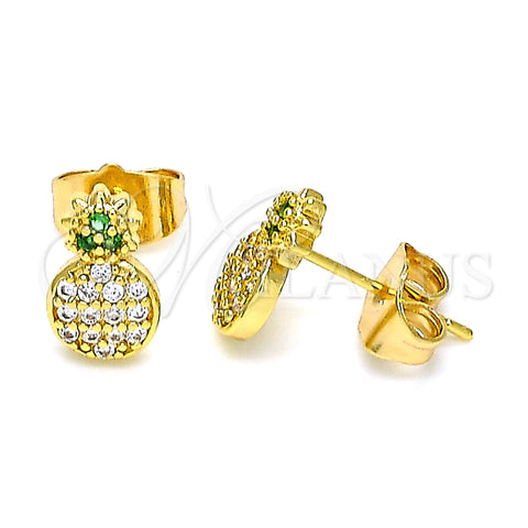 Oro Laminado Stud Earring, Gold Filled Style Pineapple Design, with White and Green Micro Pave, Polished, Golden Finish, 02.310.0030