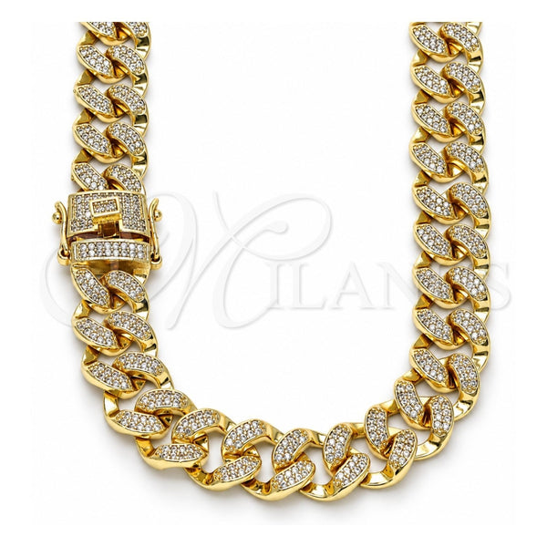 Oro Laminado Basic Necklace, Gold Filled Style Box Lock Design, with White Micro Pave, Polished, Golden Finish, 03.284.0015.24 (13 MM Thickness, 24 Inches Length)