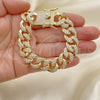Oro Laminado Basic Bracelet, Gold Filled Style Miami Cuban Design, with White Micro Pave, Polished, Golden Finish, 04.284.0058.08 (14 MM Thickness, 8 Inches Length)
