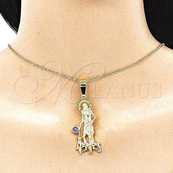 Gold Filled Pendant — Religious Pendant San Lazaro Design with Amethyst Cubic — alternate product view — SKU 144387 | Oro Laminado dije — Religious Pendant San Lazaro diseño with Amethyst Cubic — SKU 144387