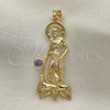 Oro Laminado Religious Pendant, Gold Filled Style San Lazaro Design, with Amethyst Cubic Zirconia, Polished, Golden Finish, 05.253.0126