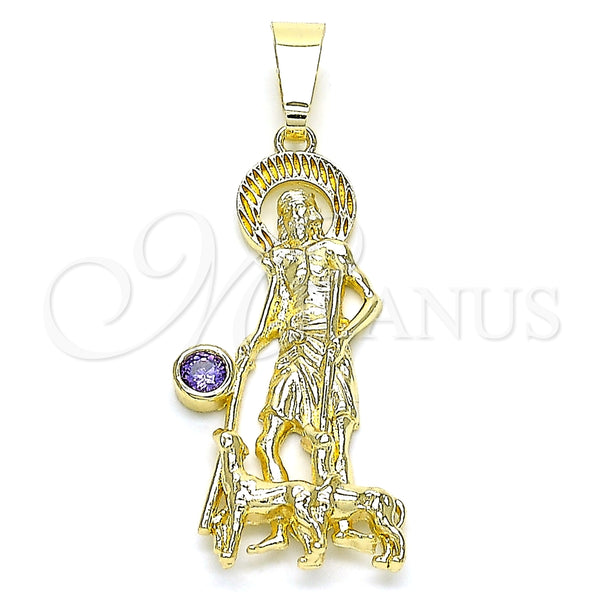 Gold Filled Pendant — Religious Pendant San Lazaro Design with Amethyst Cubic — main product view — SKU 144387 | Oro Laminado dije — Religious Pendant San Lazaro diseño with Amethyst Cubic — SKU 144387