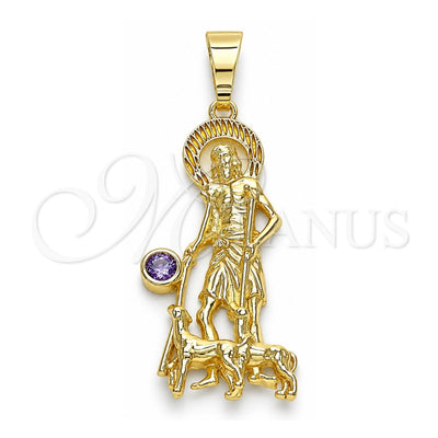Oro Laminado Religious Pendant, Gold Filled Style San Lazaro Design, with Amethyst Cubic Zirconia, Polished, Golden Finish, 05.253.0126