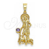 Oro Laminado Religious Pendant, Gold Filled Style San Lazaro Design, with Amethyst Cubic Zirconia, Polished, Golden Finish, 05.253.0126