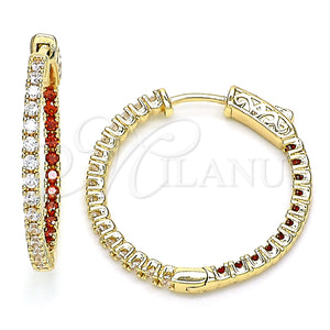 Gold Filled Hoop Earrings — Huggie Hoop with Garnet and White Cubic Zirconia — main product view — SKU 144391 | Oro Laminado aretes de aro — Huggie Hoop with Garnet and blanco Cubic Zirconia — SKU 144391