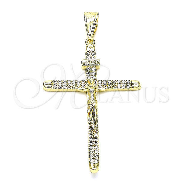 Oro Laminado Religious Pendant, Gold Filled Style Crucifix Design, with White Micro Pave, Polished, Golden Finish, 05.253.0129