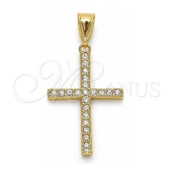 Oro Laminado Religious Pendant, Gold Filled Style Cross Design, with White Crystal, Polished, Golden Finish, 05.253.0131