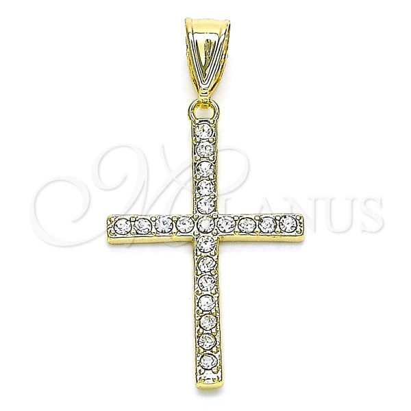 Oro Laminado Religious Pendant, Gold Filled Style Cross Design, with White Crystal, Polished, Golden Finish, 05.253.0131