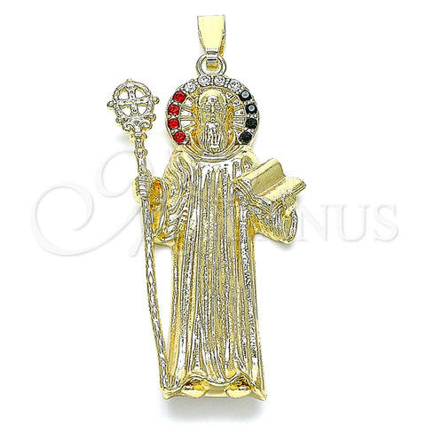Oro Laminado Religious Pendant, Gold Filled Style San Benito Design, with Multicolor Crystal, Polished, Golden Finish, 05.253.0145.1