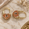Oro Laminado Small Hoop, Gold Filled Style Lock and Heart Design, with Garnet Micro Pave, Polished, Golden Finish, 02.341.0056.1.12
