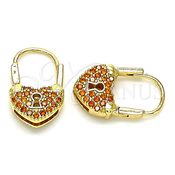 Gold Filled Hoop Earrings — Small Hoop Lock and Heart Design with Garnet — main product view — SKU 144418 | Oro Laminado aretes de aro — Small Hoop Lock and corazón diseño with Garnet — SKU 144418