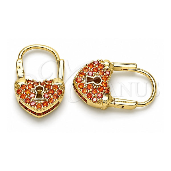 Oro Laminado Small Hoop, Gold Filled Style Lock and Heart Design, with Garnet Micro Pave, Polished, Golden Finish, 02.341.0056.1.12