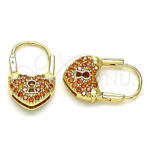 Gold Filled Hoop Earrings — Small Hoop Lock and Heart Design with Garnet — main product view — SKU 144418 | Oro Laminado aretes de aro — Small Hoop Lock and corazón diseño with Garnet — SKU 144418