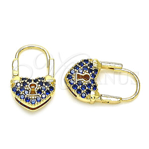 Gold Filled Hoop Earrings — Small Hoop Lock and Heart Design with Sapphire — main product view — SKU 144419 | Oro Laminado aretes de aro — Small Hoop Lock and corazón diseño with Sapphire — SKU 144419
