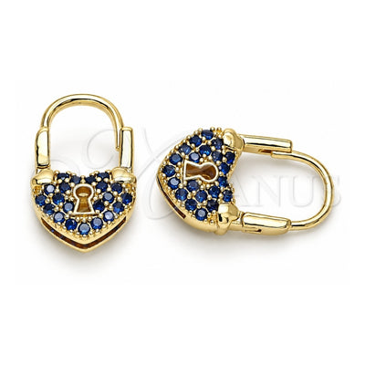Oro Laminado Small Hoop, Gold Filled Style Lock and Heart Design, with Sapphire Blue Micro Pave, Polished, Golden Finish, 02.341.0056.2.12