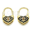 Oro Laminado Small Hoop, Gold Filled Style Lock and Heart Design, with Black Micro Pave, Polished, Golden Finish, 02.341.0056.4.12