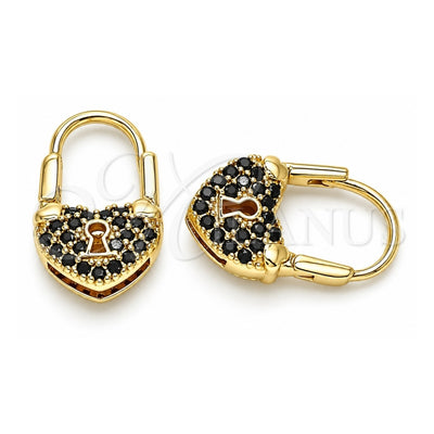 Oro Laminado Small Hoop, Gold Filled Style Lock and Heart Design, with Black Micro Pave, Polished, Golden Finish, 02.341.0056.4.12