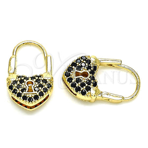 Gold Filled Hoop Earrings — Small Hoop Lock and Heart Design with Black — main product view — SKU 144421 | Oro Laminado aretes de aro — Small Hoop Lock and corazón diseño with negro — SKU 144421