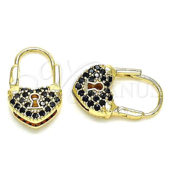 Gold Filled Hoop Earrings — Small Hoop Lock and Heart Design with Black — main product view — SKU 144421 | Oro Laminado aretes de aro — Small Hoop Lock and corazón diseño with negro — SKU 144421