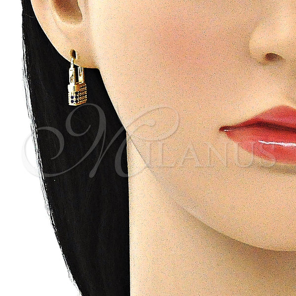 Gold Filled Hoop Earrings — Small Hoop Lock Design with Sapphire Blue Micro — alternate product view — SKU 144423 | Oro Laminado aretes de aro — Small Hoop Lock diseño with Sapphire Blue Micro — SKU 144423