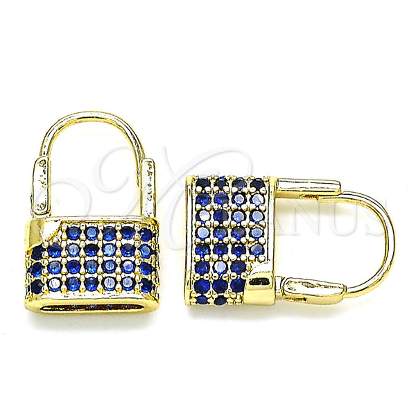 Gold Filled Hoop Earrings — Small Hoop Lock Design with Sapphire Blue Micro — main product view — SKU 144423 | Oro Laminado aretes de aro — Small Hoop Lock diseño with Sapphire Blue Micro — SKU 144423