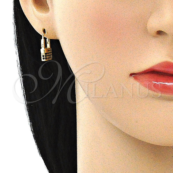 Gold Filled Hoop Earrings — Small Hoop Lock Design with Black Micro Pave — alternate product view — SKU 144424 | Oro Laminado aretes de aro — Small Hoop Lock diseño with negro Micro Pave — SKU 144424