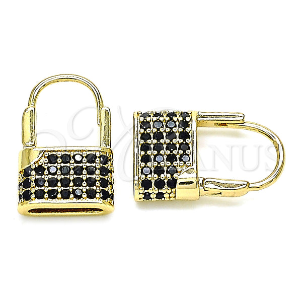Gold Filled Hoop Earrings — Small Hoop Lock Design with Black Micro Pave — main product view — SKU 144424 | Oro Laminado aretes de aro — Small Hoop Lock diseño with negro Micro Pave — SKU 144424