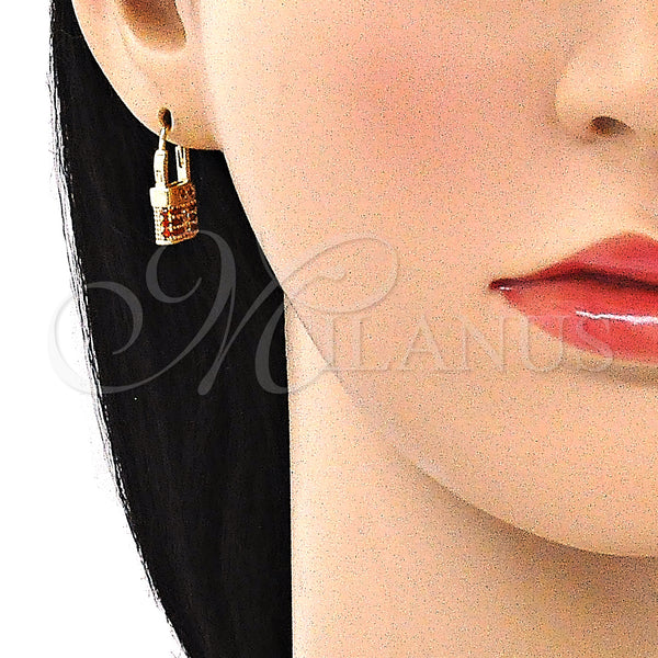 Gold Filled Hoop Earrings — Small Hoop Lock Design with Garnet Micro Pave — alternate product view — SKU 144425 | Oro Laminado aretes de aro — Small Hoop Lock diseño with Garnet Micro Pave — SKU 144425