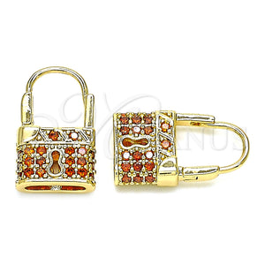 Gold Filled Hoop Earrings — Small Hoop Lock Design with Garnet Micro Pave — main product view — SKU 144425 | Oro Laminado aretes de aro — Small Hoop Lock diseño with Garnet Micro Pave — SKU 144425