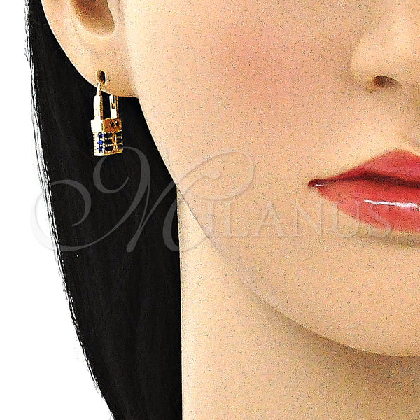 Gold Filled Hoop Earrings — Small Hoop Lock Design with Sapphire Blue Micro — alternate product view — SKU 144427 | Oro Laminado aretes de aro — Small Hoop Lock diseño with Sapphire Blue Micro — SKU 144427