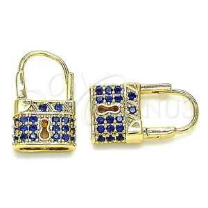 Gold Filled Hoop Earrings — Small Hoop Lock Design with Sapphire Blue Micro — main product view — SKU 144427 | Oro Laminado aretes de aro — Small Hoop Lock diseño with Sapphire Blue Micro — SKU 144427